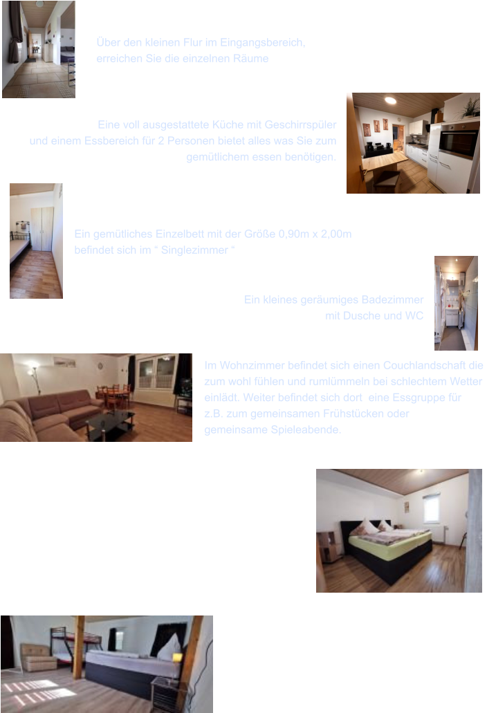 Eine voll ausgestattete K�che mit Geschirrsp�ler und einem Essbereich f�r 2 Personen bietet alles was Sie zum  gem�tlichem essen ben�tigen.   �ber den kleinen Flur im Eingangsbereich,  erreichen Sie die einzelnen R�ume  Ein gem�tliches Einzelbett mit der Gr��e 0,90m x 2,00m  befindet sich im � Singlezimmer �  Ein kleines ger�umiges Badezimmer mit Dusche und WC   Im Wohnzimmer befindet sich einen Couchlandschaft die  zum wohl f�hlen und ruml�mmeln bei schlechtem Wetter einl�dt. Weiter befindet sich dort  eine Essgruppe f�r z.B. zum gemeinsamen Fr�hst�cken oder  gemeinsame Spieleabende.